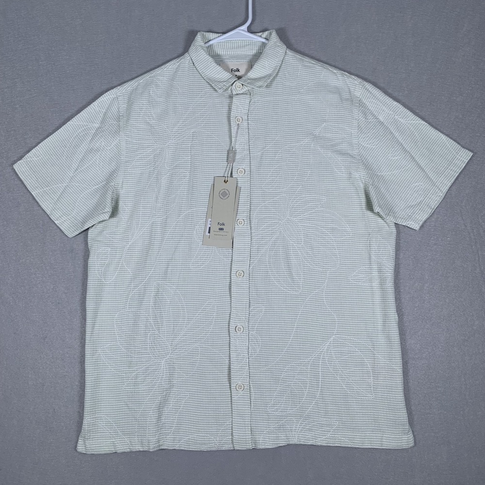Folk Bando Embroidered Shirt Mens M Mint Green Striped Linen Blend Short Sleeve
